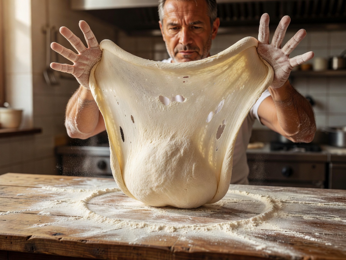 Baker stretching high hydration pizza dough ball on wooden counter with flour