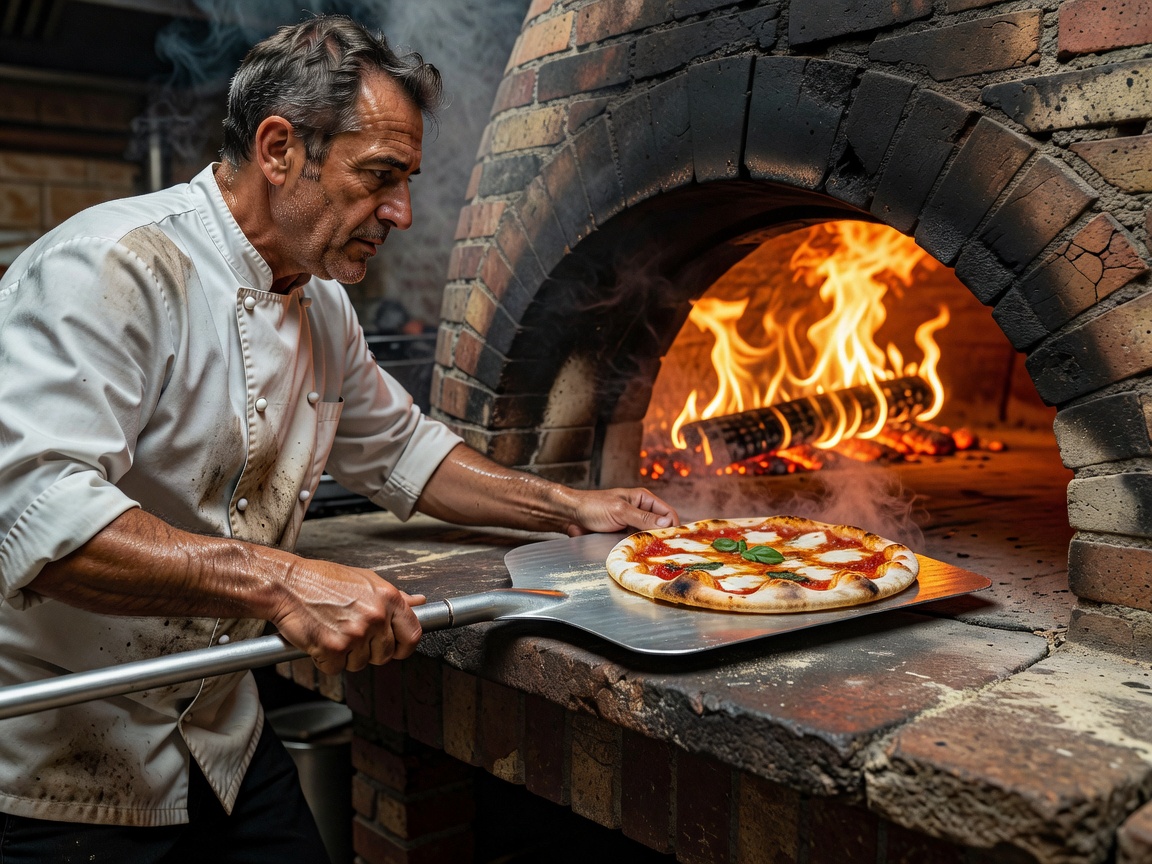 Chef sliding pizza into a 900 degree wood-fired pizza oven with aluminum peel