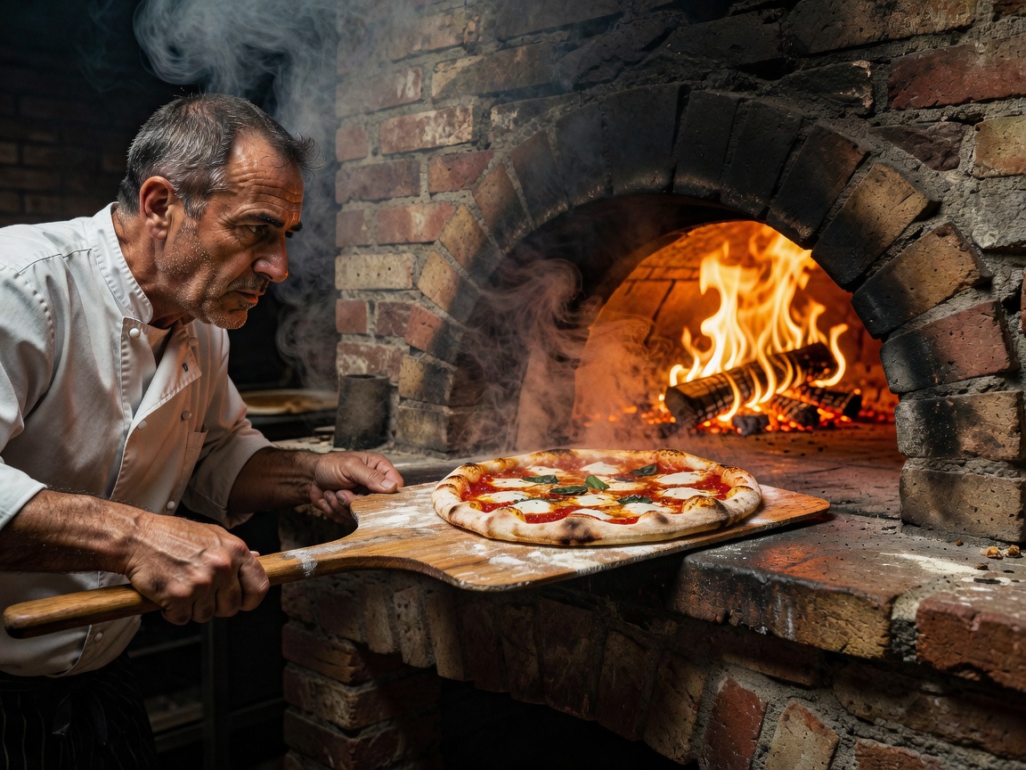 Chef sliding pizza into a high heat wood fired oven
