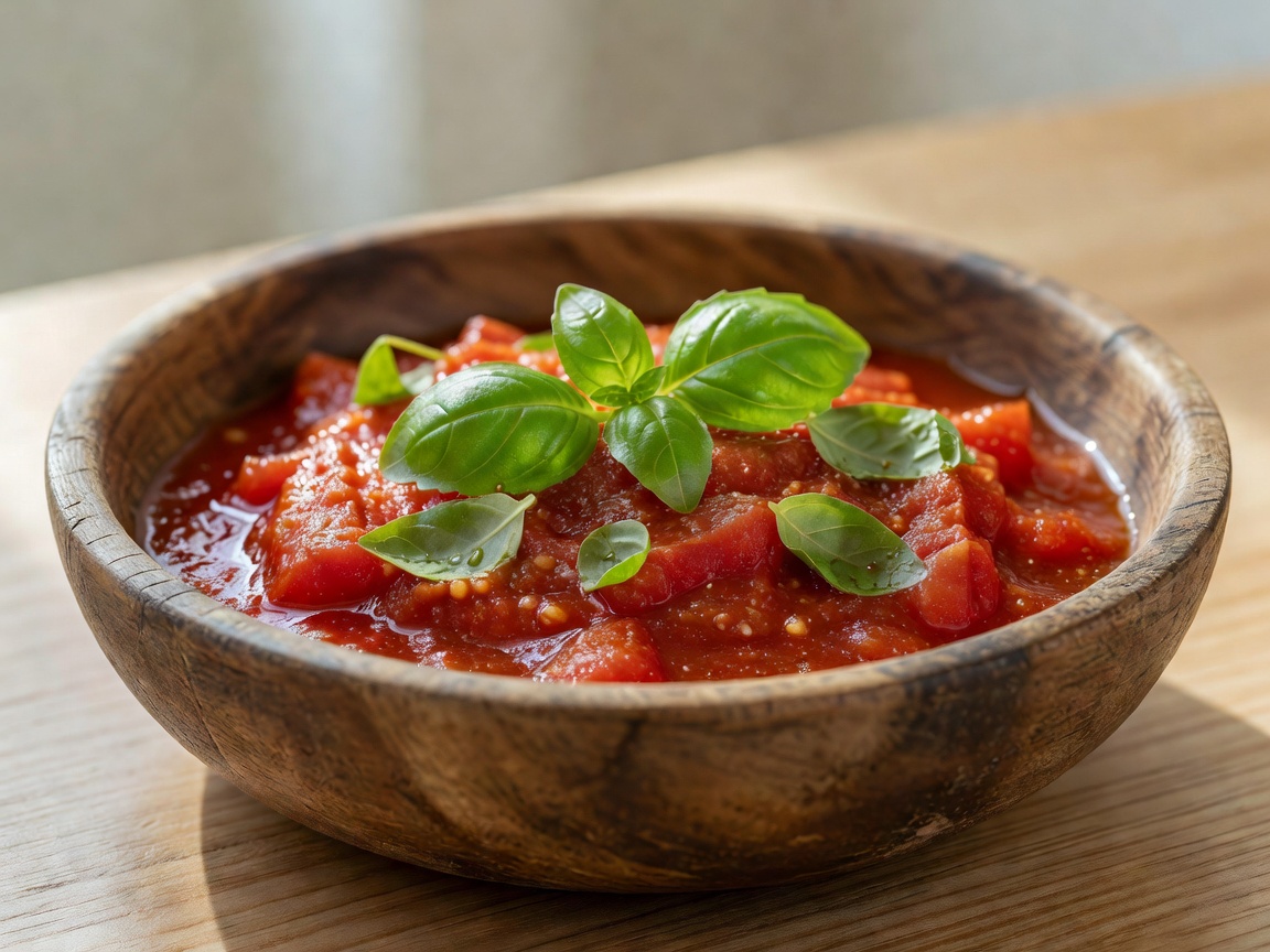 Crushed San Marzano tomatoes in wooden bowl with fresh basil leaves