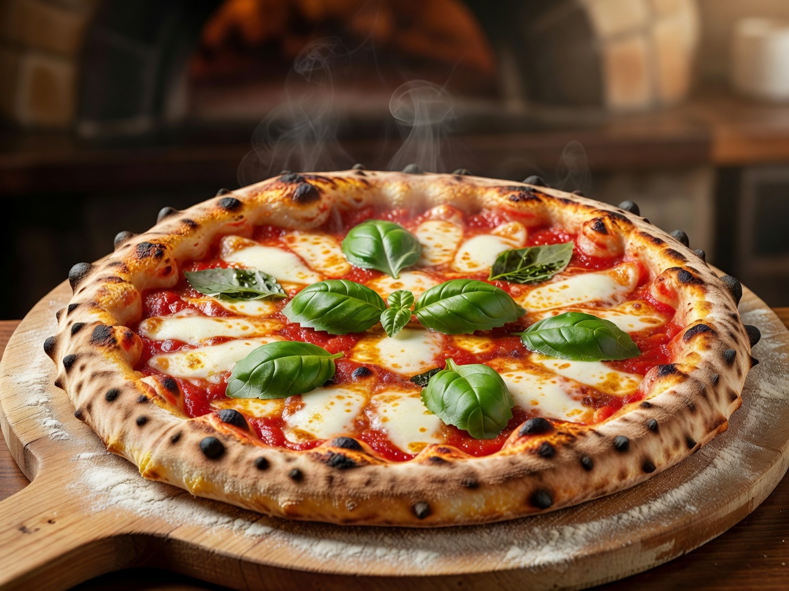 Freshly baked Neapolitan pizza with leopard spotting and fresh basil