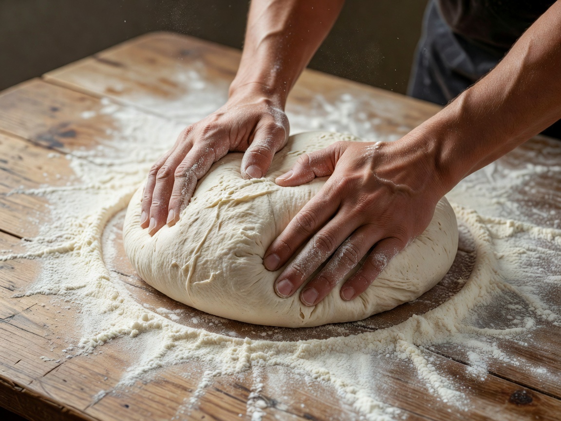 Hands kneading sourdough pizza dough on flour-dusted table