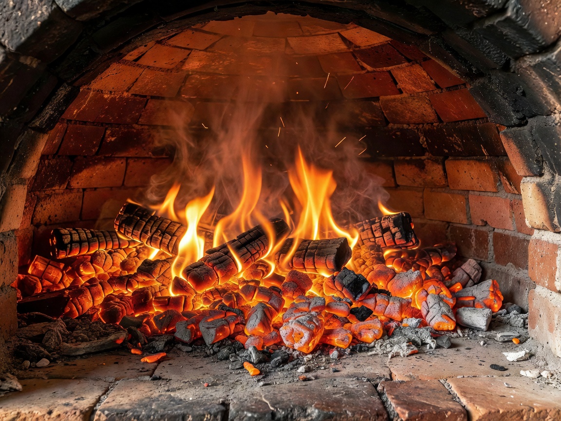 High heat wood fired pizza oven with glowing embers