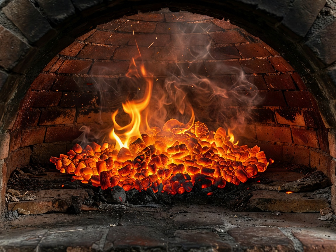 High heat wood fired pizza oven with glowing hot coals
