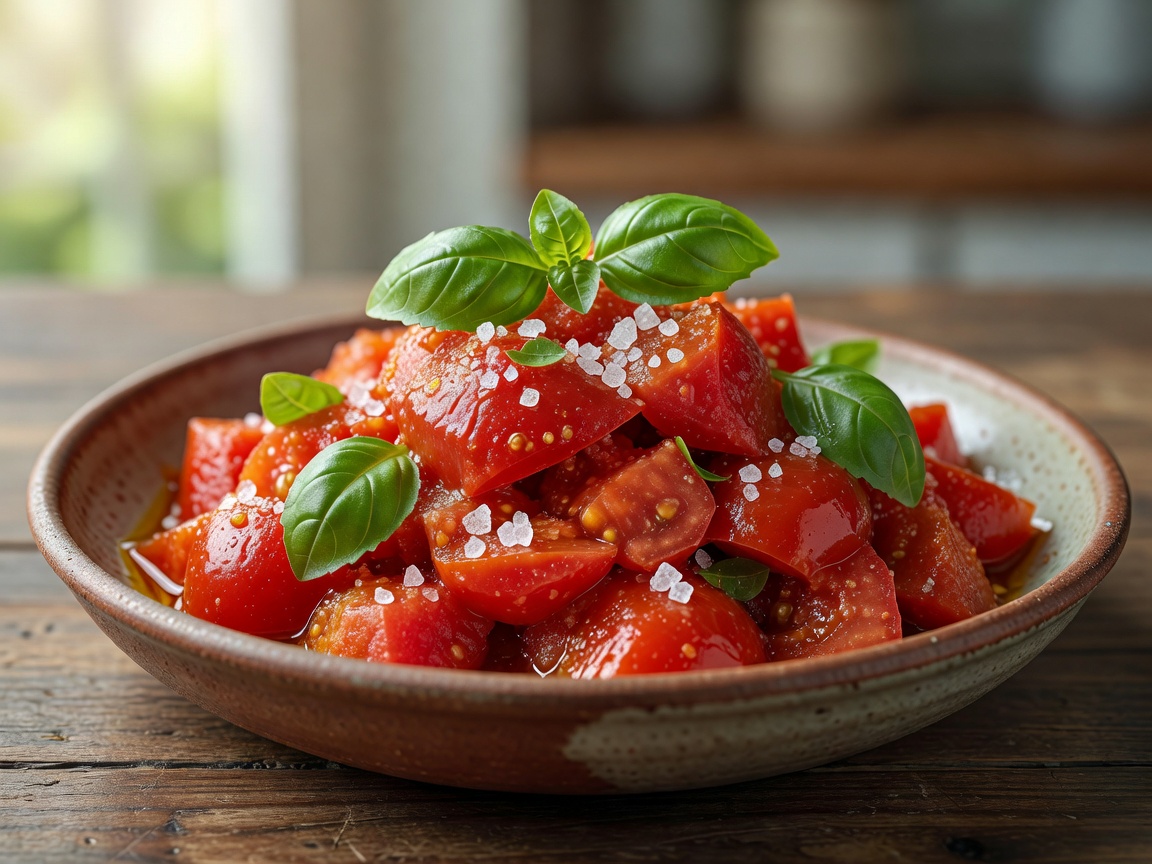 Plump crushed San Marzano DOP tomatoes with sea salt and basil leaves